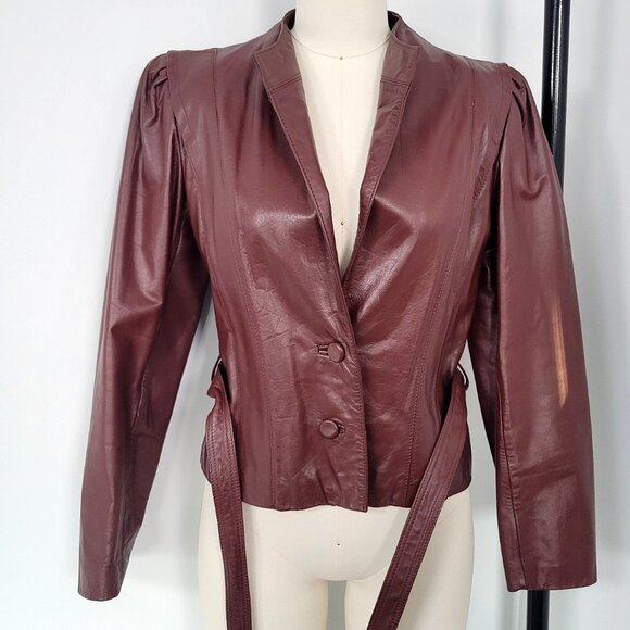 Vintage Leather Loft 100% Leather OxBlood Burgundy Belted Jacket Size 9/10 - Picture 2 of 14